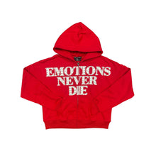 Load image into Gallery viewer, Mixed Emotion - RED ‘End’ Rhinestone hoodie