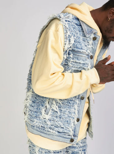 Politics - Debris516 Thrashed Distressed Denim Vest - Blue Wash - Clique Apparel