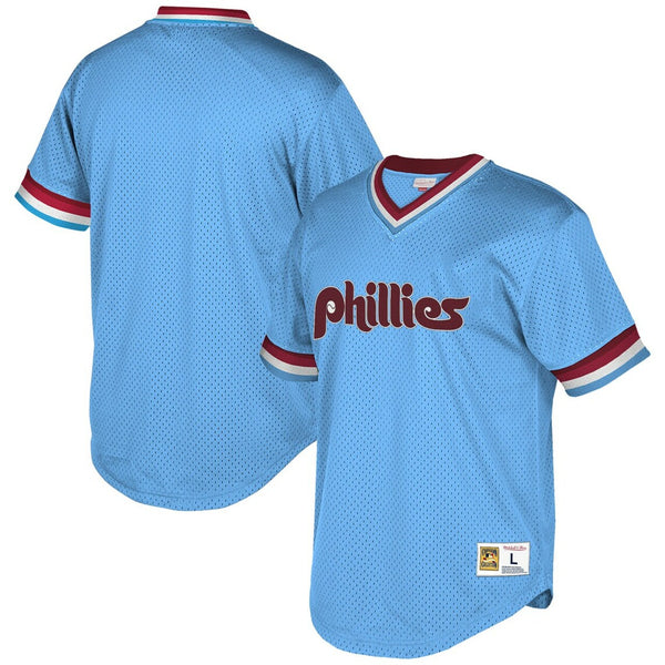 Men'S Philadelphia Phillies Mitchell & Ness Light Blue Cooperstown  Collection Mesh Wordmark V-Neck Baseball Jersey Mlb Baseball
